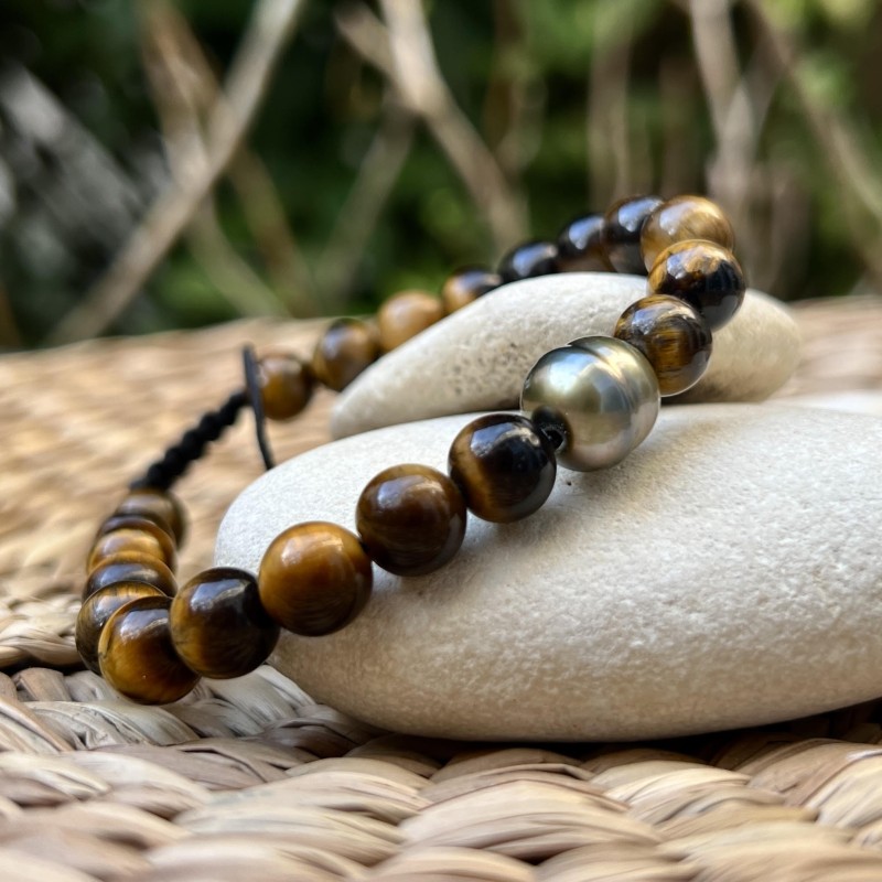 Bracciale Perla di Tahiti e Occhio di Tigre Dorato - 10,00mm