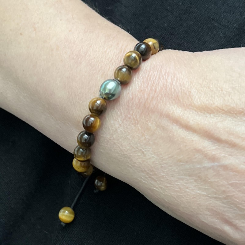 Tigerauge-Natursteinarmband mit Tahitiperle – 8,95 mm