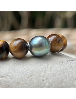 Tigerauge-Natursteinarmband mit Tahitiperle – 8,95 mm