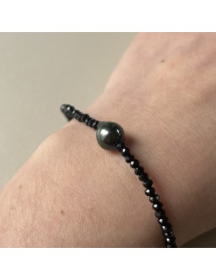 Aroha Po - Bracelet en Argent, Spinelles Noires et Perle de Tahiti Peacock
