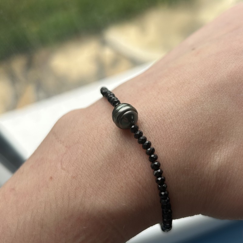 Te Po Rava - Silver Bracelet, Black Spinels and Peacock Tahitian Pearl