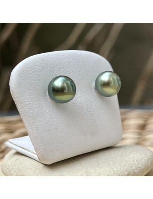 Pistachio green Tahitian pearls on gold ear studs price - earrings with pearl from Tahiti