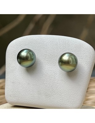 Pistachio green Tahitian pearls on gold ear studs price - earrings with pearl from Tahiti