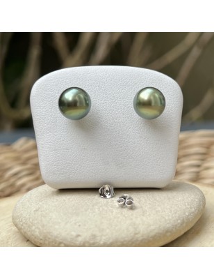 Pistachio green Tahitian pearls on gold ear studs price - earrings with pearl from Tahiti