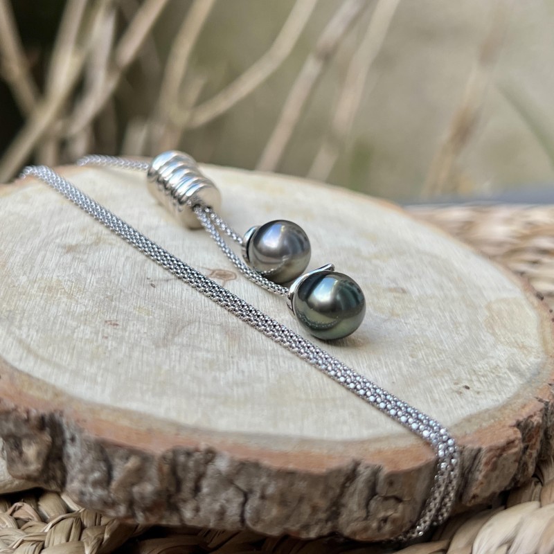 Double - Rhodium-Plated Silver Necklace with Peacock Tahitian Pearls