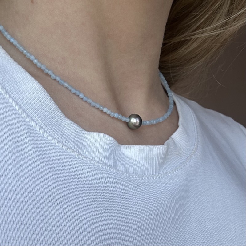 Collier Larimar et Perle de Tahiti Pink Pacific Sunset