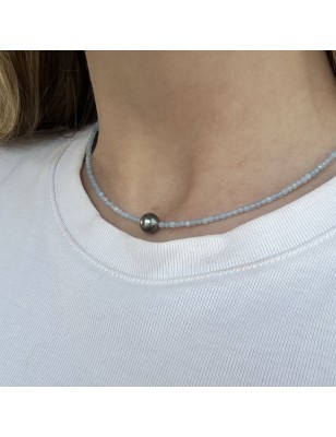 Collier Larimar et Perle de Tahiti Pink Pacific Sunset