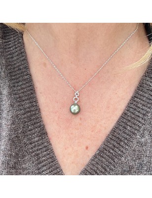 Lien Éternel - قلادة فضة مطلية بالروديوم لؤلؤة تاهيتي لون أخضر بحيرة