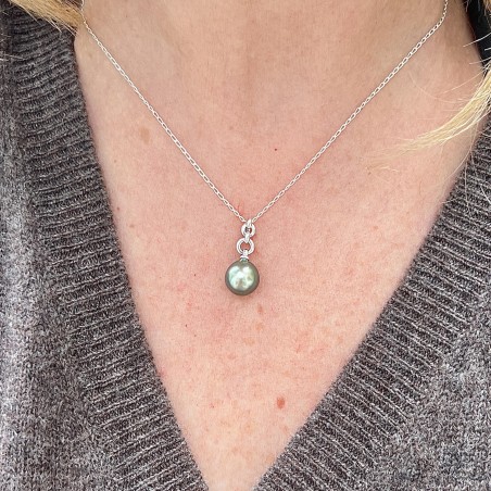 Lien Éternel - Pendentif Argent Rhodié Perle de Tahiti Vert Lagon
