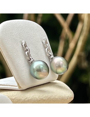 Deux Sublimes Perles de Tahiti Couleur Pacific Sunset en Boucles Pendantes