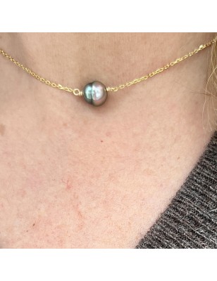 Collier Or 18 Carats Perle de Tahiti Bleu Rose