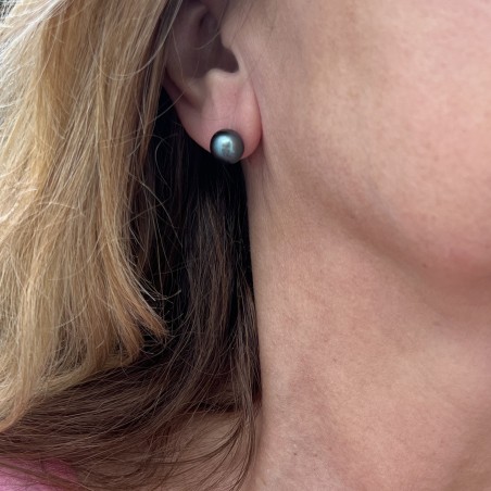 Rhodium-Plated Silver Tahitian Pearl Earrings – Indigo Blue