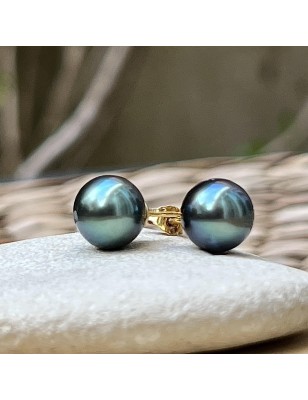 paire de boucles d'oreilles en or et perles de Tahiti vertes prix - perles rares en boucles d'oreille