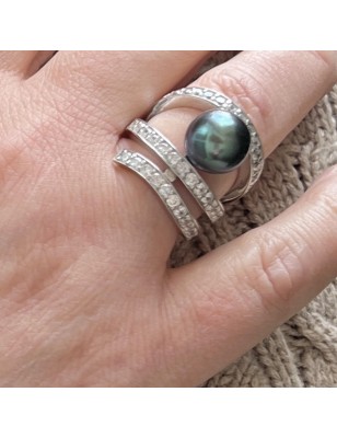 PÔMARE IV- Bague Argent Rhodié Perle de Tahiti de 11.00mm