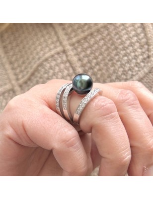 PÔMARE IV- Bague Argent Rhodié Perle de Tahiti de 11.00mm