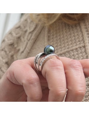 PÔMARE IV- Bague Argent Rhodié Perle de Tahiti de 11.00mm