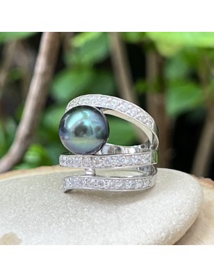 PÔMARE IV- Bague Argent Rhodié Perle de Tahiti de 11.00mm