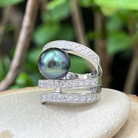 PÔMARE IV- Bague Argent Rhodié Perle de Tahiti de 11.00mm