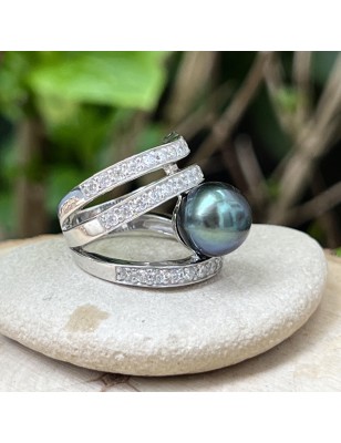 PÔMARE IV- Bague Argent Rhodié Perle de Tahiti de 11.00mm