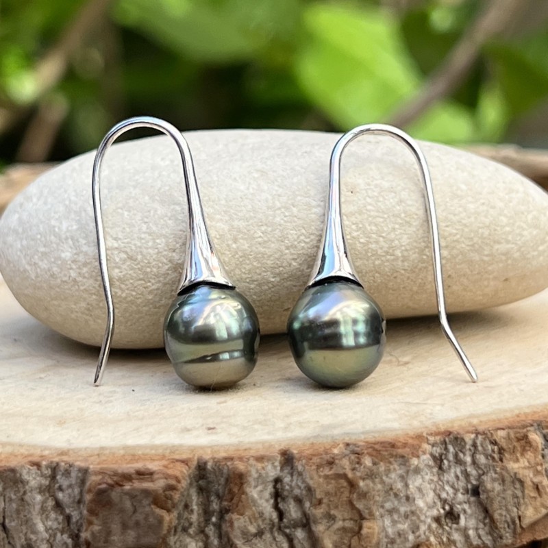 タヒチパールピーコックのぶら下がりイヤリング - 10.00mm