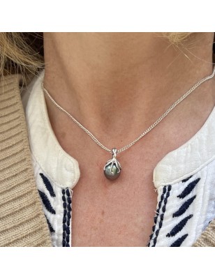 Moana Iti – 18K白金章鱼吊坠 – 大溪地蓝粉色珍珠