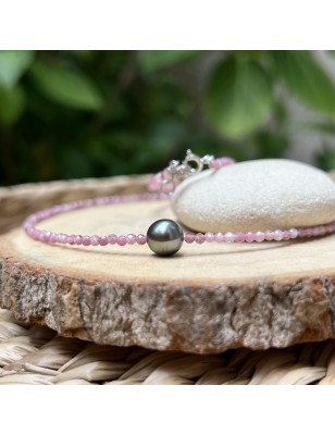 Collier perle de Tahiti - collier de quartz roses et perle de culture