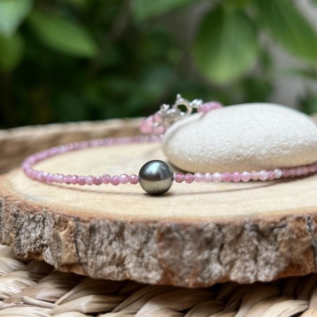 Collier perle de Tahiti - collier de quartz roses et perle de culture