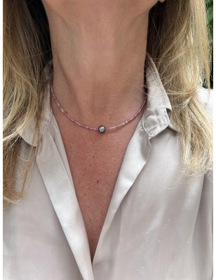 Collier Quartz Rose et Perle de Tahiti Gris Clair