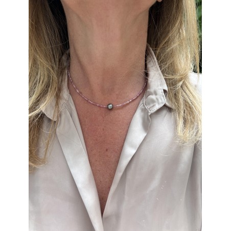 Collier Quartz Rose et Perle de Tahiti Gris Clair