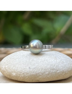 Bague en Argent 925 Rhodié et Véritable Perle de Tahiti - Taille 56