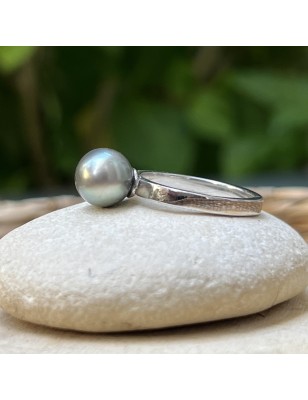 Bague en Argent 925 Rhodié et Véritable Perle de Tahiti - Taille 56