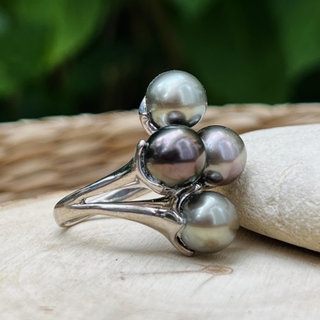Bague en Argent Rhodié et Magnifiques Perles de Tahiti