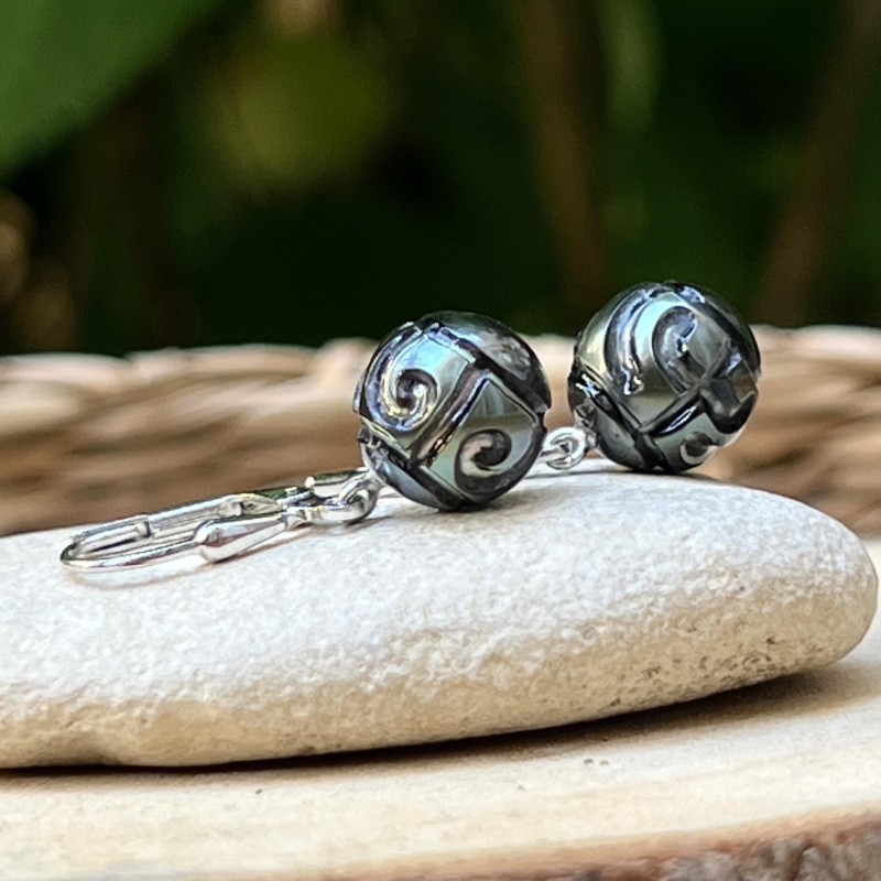 Vai Moana - Boucles d'Oreilles Perles de Tahiti Gravure Océan