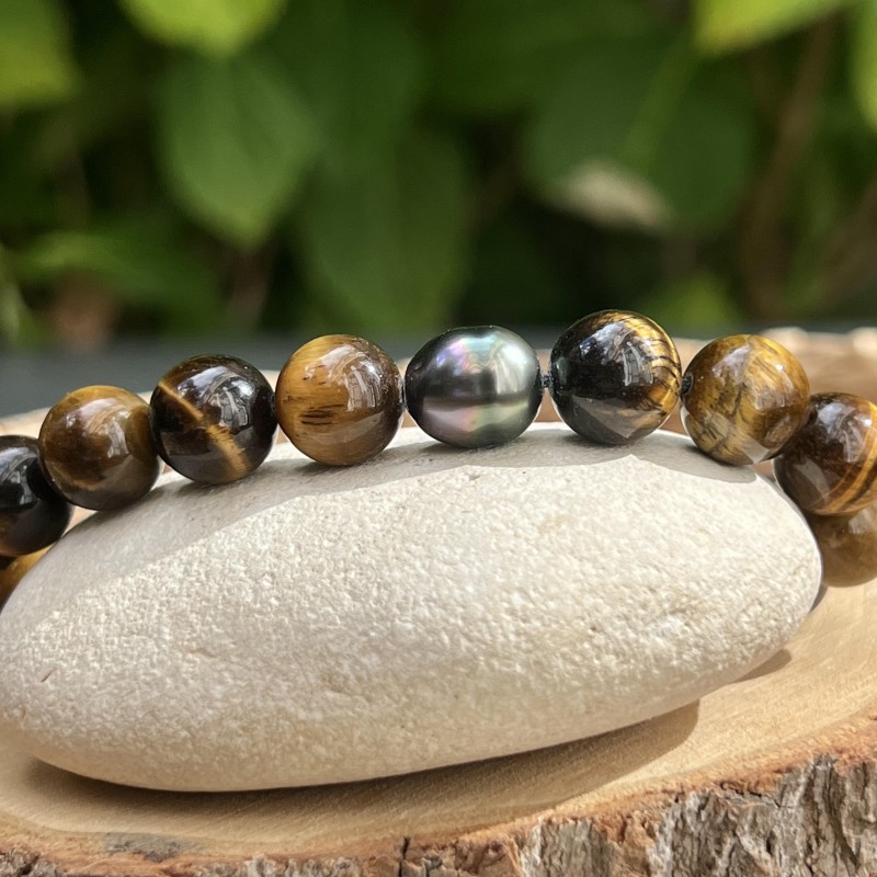 Toa Roa - Bracelet Perle de Tahiti Peacock et Oeil de Tigre