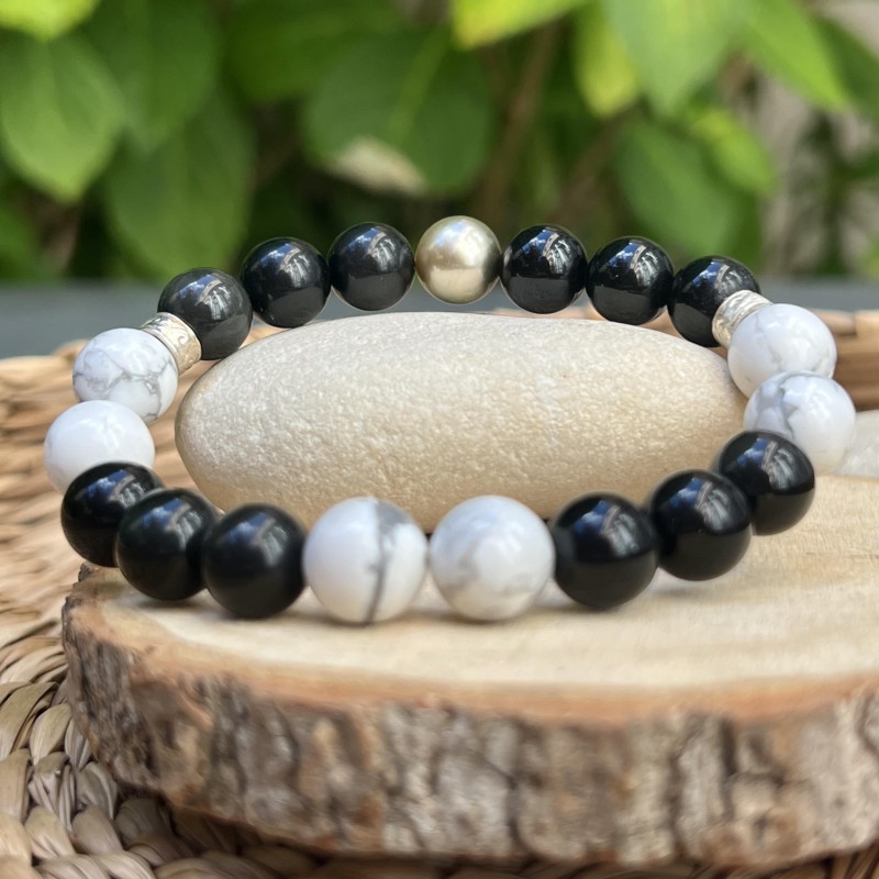 Armband Perle aus Tahiti - Obsidian - Howlith Armband Perle aus Tahiti - Obsidian - Howlith