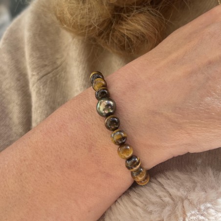 Perla di Tahiti Peacock 10,36 mm - Bracciale Occhio di Tigre