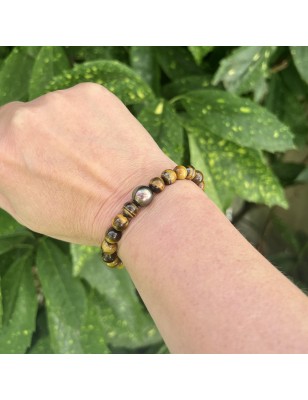 tiger's eye men's bracelet with cultured pearl from Tahiti price