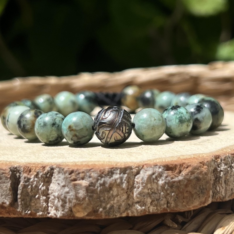 Türkis-Armband - Tahiti-Perle mit marquesanischer Gravur - 10 mm Türkis-Armband - Tahiti-Perle mit marquesanischer Gravur - 10 mm