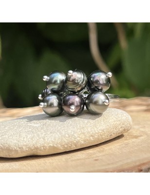 Bague Argent Rhodié 7 Perles de Tahiti Peacock