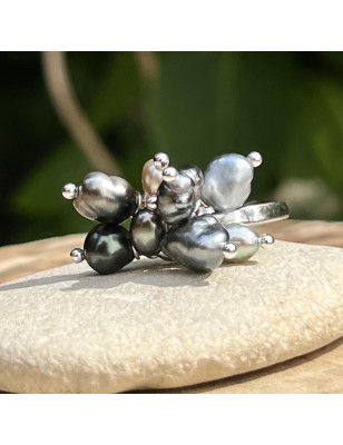 Bague Argent rhodié 9 Keshis de Tahiti