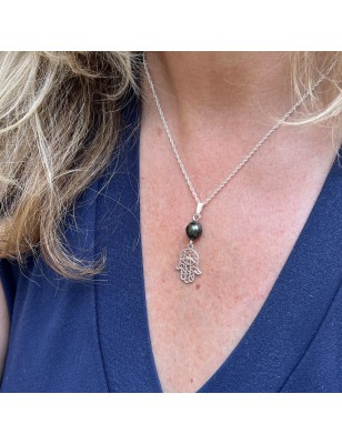 Main de Fatima, Khamsa, bijou protecteur, pendentif porte-bonheur, perle noire de Tahiti