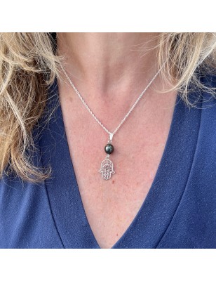 Main de Fatima, Khamsa, bijou protecteur, pendentif porte-bonheur, perle noire de Tahiti