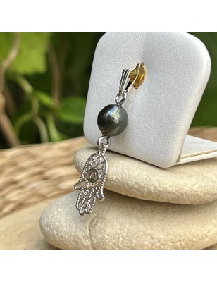 Main de Fatima, Khamsa, bijou protecteur, pendentif porte-bonheur, perle noire de Tahiti