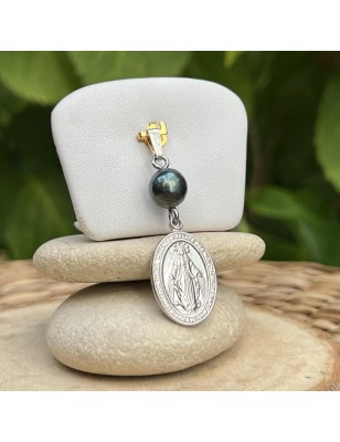 pendentif vierge miraculeuse argent perle de Tahiti - médaille miraculeuse perle noire de Tahiti