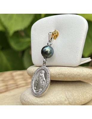 pendentif vierge miraculeuse argent perle de Tahiti - médaille miraculeuse perle noire de Tahiti