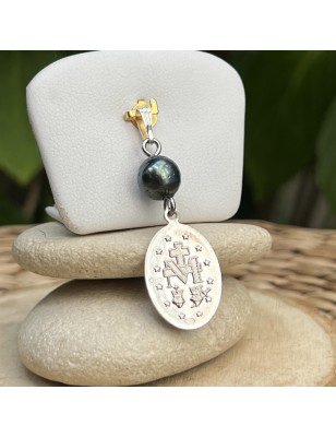 pendentif vierge miraculeuse argent perle de Tahiti - médaille miraculeuse perle noire de Tahiti