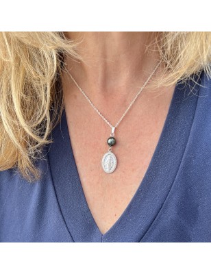pendentif vierge miraculeuse argent perle de Tahiti - médaille miraculeuse perle noire de Tahiti