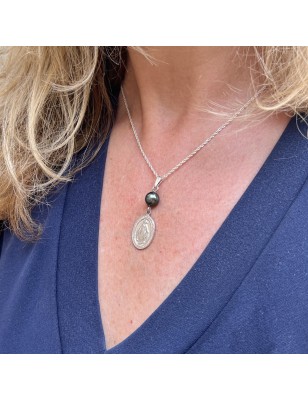 pendentif vierge miraculeuse argent perle de Tahiti - médaille miraculeuse perle noire de Tahiti