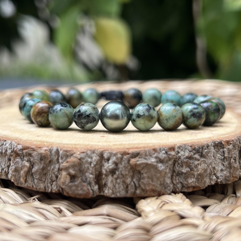 African Turquoise Bracelet with Peacock Tahitian Pearl African Turquoise Bracelet with Peacock Tahitian Pearl