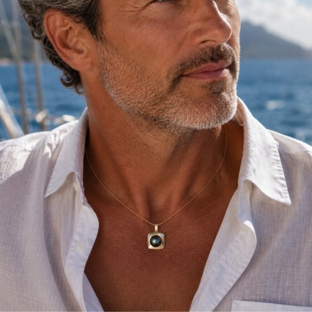 قلادة مربعة للرجال - ذهب عيار 18 - لؤلؤة تاهيتية